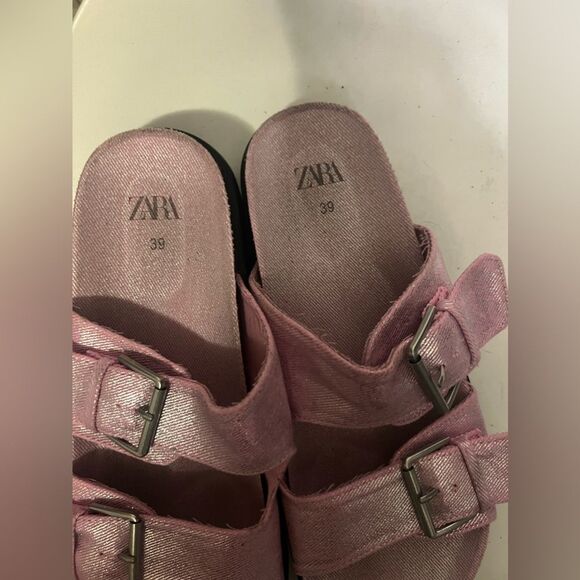 Zara Buckled Denim Slip On Open Toe Flat Sandals Pink Women's 39 /9 Out Of Stock - Picture 7 of 13